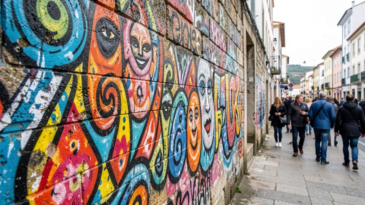 Imaxe dun mural de grafiti vibrante nunha parede de pedra en Vigo, Galicia.