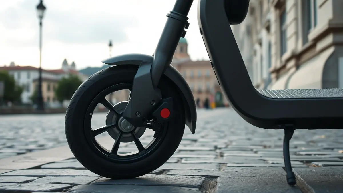 Imagen genérica de una rueda de patinete eléctrico en una calle urbana.