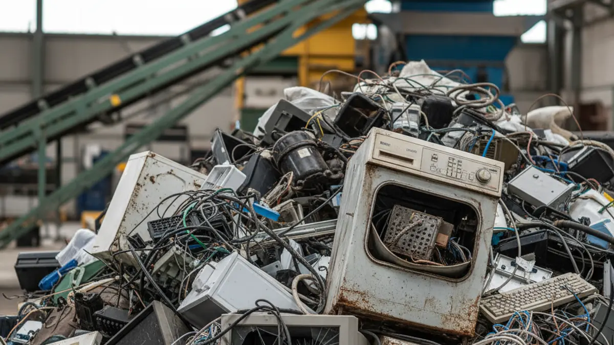 Imaxe xenérica de electrodomésticos e aparellos electrónicos nun centro de reciclaxe.