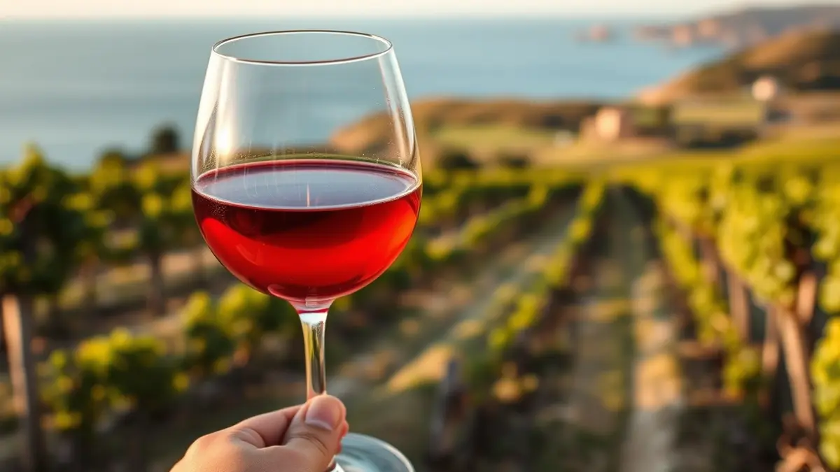 Imagen genérica de una copa de vino con el paisaje de fondo.