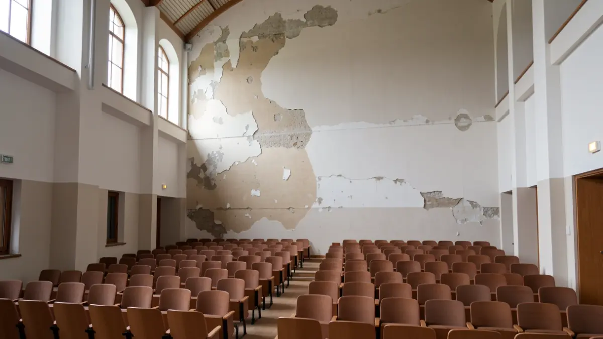 Imagen del interior de un auditorio municipal con daños estructurales en una pared.