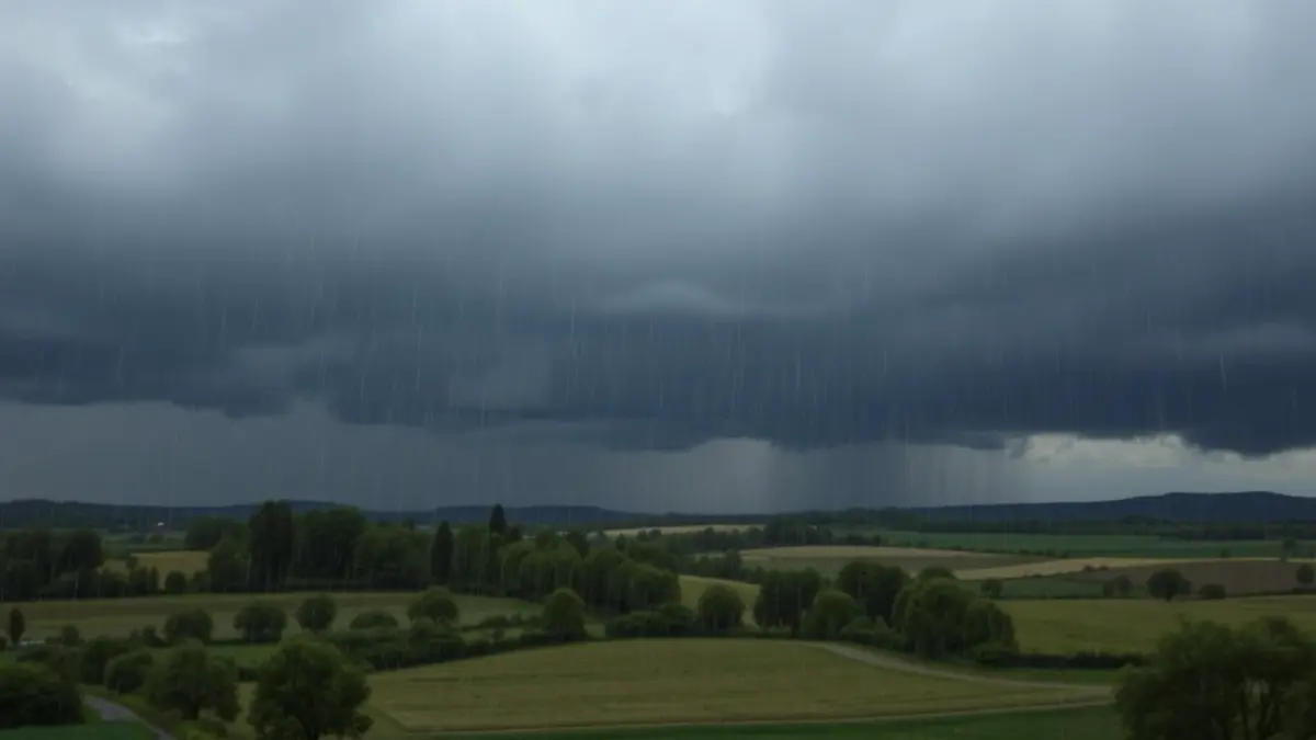 Imagen genérica de cielo nublado y lluvia intensa sobre un paisaje rural gallego.
