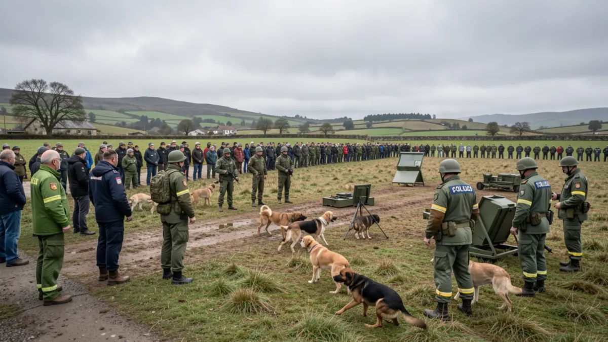 Imaxe xenérica de voluntarios de Protección Civil observando un adestramento militar con cans e equipo.