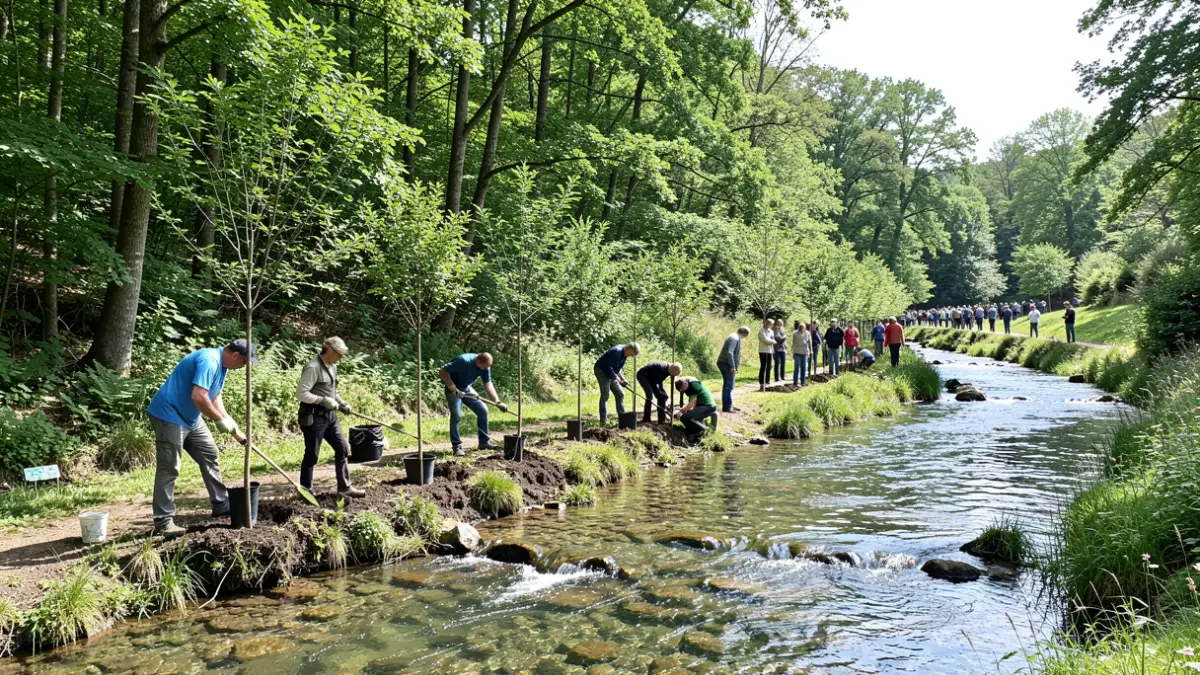 Imagen genérica de voluntarios plantando árboles autóctonos a orillas de un río en Galicia.