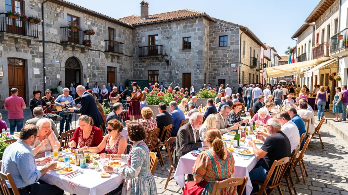 Imagen genérica de una fiesta popular en una plaza gallega con gente, comida y música.