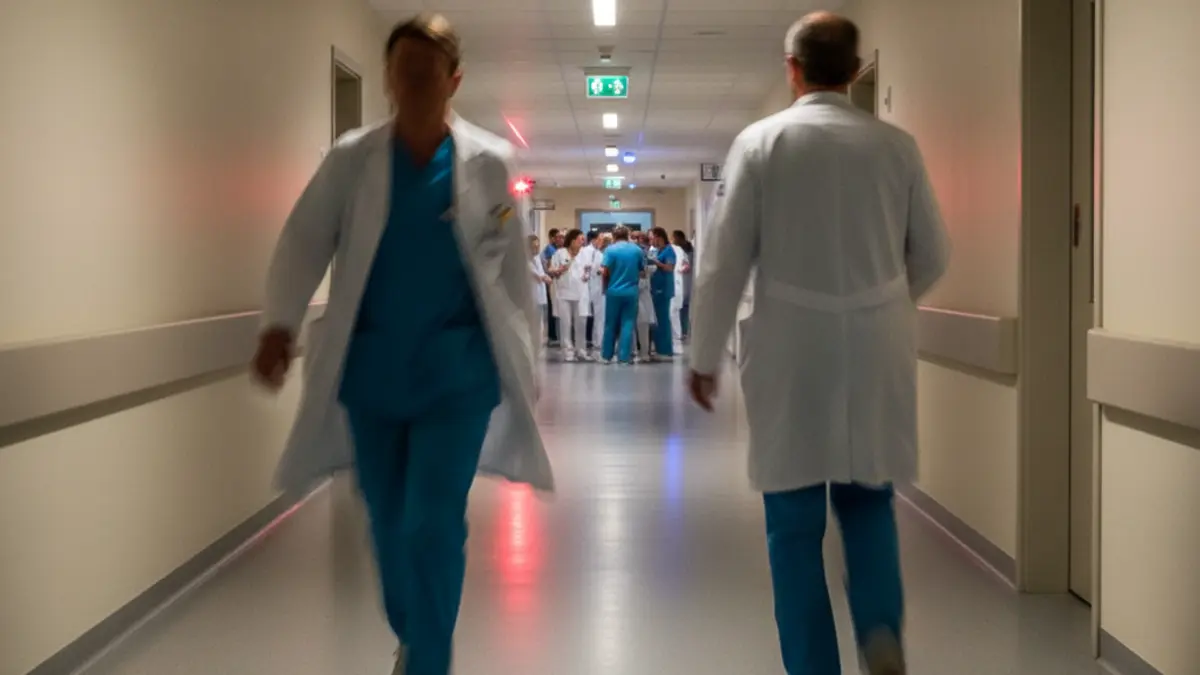Imagen genérica de un pasillo de hospital con luces de emergencia.