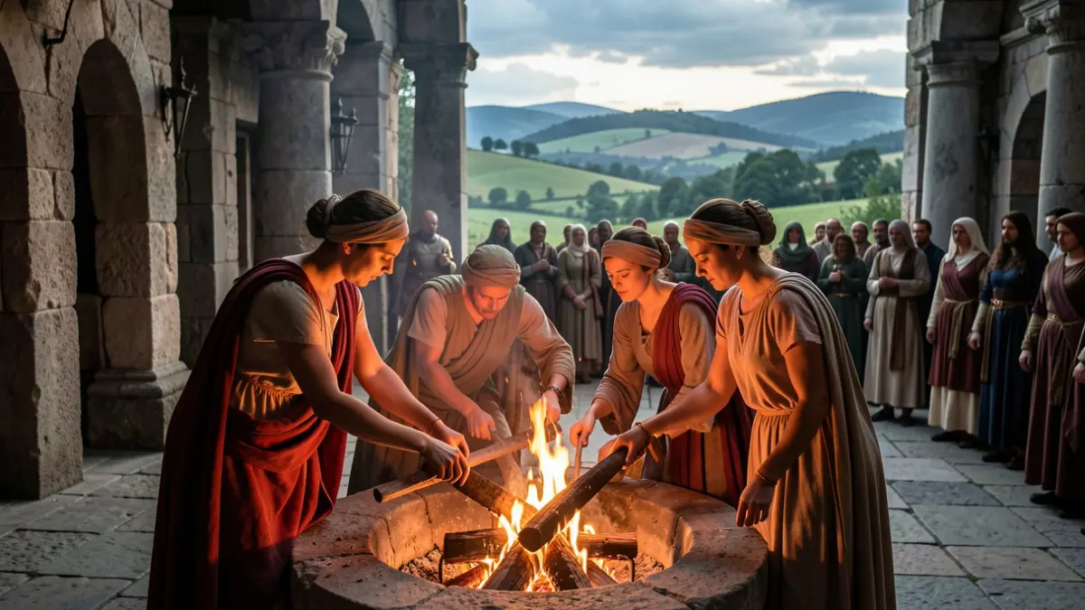 Imaxe dunha sacerdotisa romana acendendo o lume sagrado nun templo de pedra.