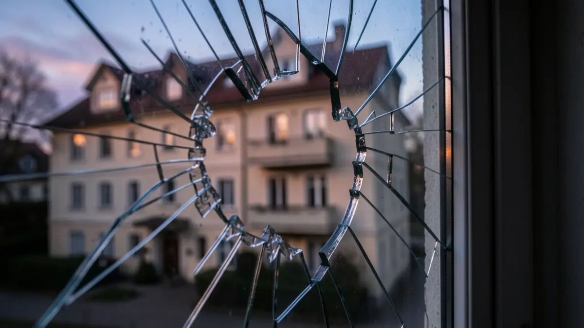 Primer plano de un cristal roto con fragmentos de vidrio, fondo desenfocado de un edificio residencial al anochecer.