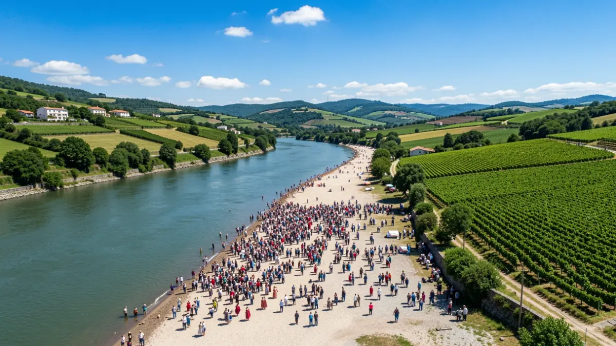 Vista aérea dunha praia fluvial en Galicia con xente reunida para unha festa.