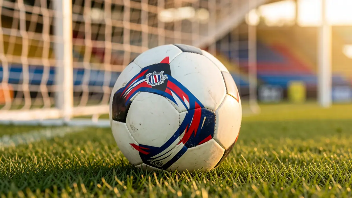 Imagen genérica de un balón de fútbol sobre césped con red de meta desenfocada.
