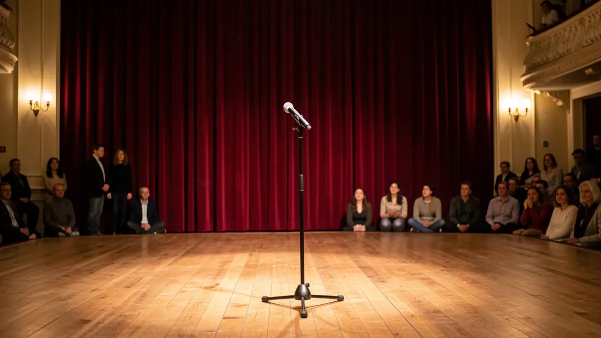 Imagen genérica de un escenario de teatro con iluminación cálida.