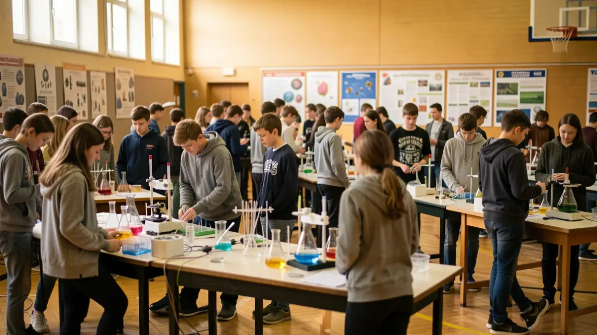 Estudantes participando en experimentos científicos durante unha xornada escolar en Zas.
