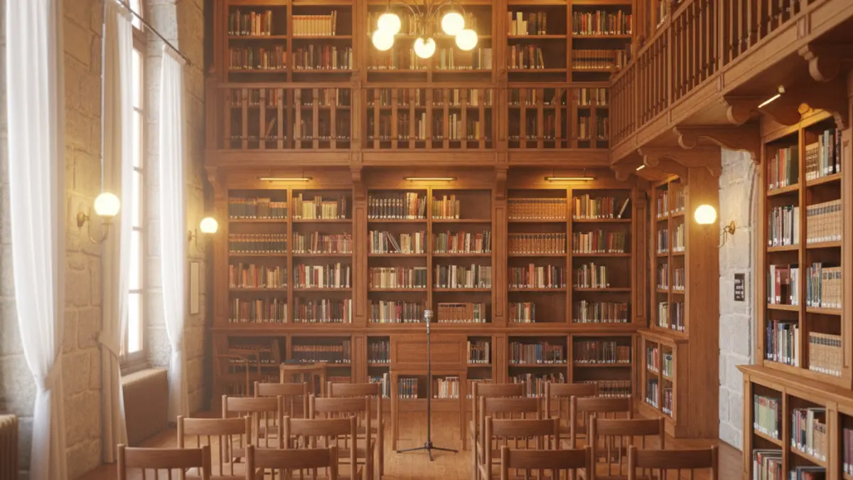 Imagen genérica de una biblioteca o sala de actos con estantes de libros y un micrófono.