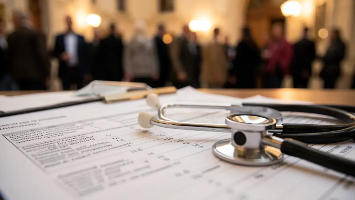 Imaxe xenérica dun estetoscopio sobre un informe médico.