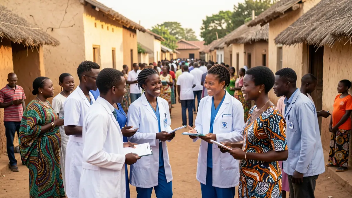 Imaxe xenérica de estudantes de medicina e enfermaría de Galicia interactuando con persoas nunha localidade de Senegal, simbolizando a cooperación sanitaria.