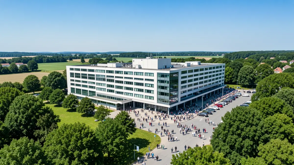 Imaxe xenérica dun hospital moderno con paisaxe verde.