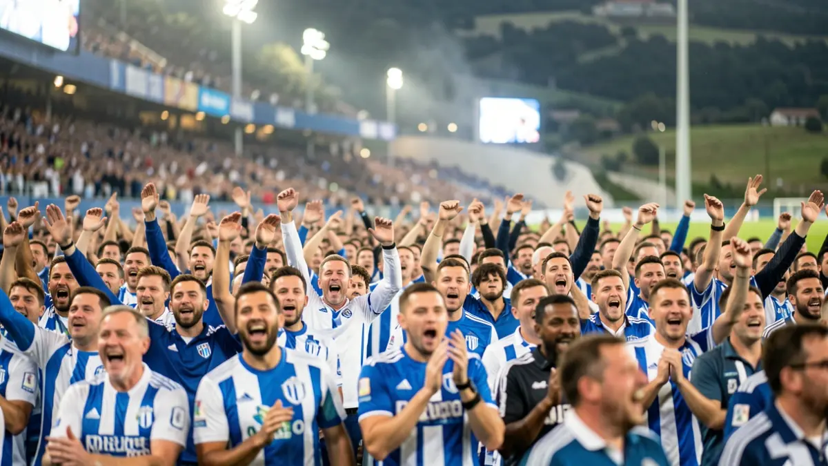 Imagen genérica de aficionados de fútbol con bufandas azules y blancas en un estadio.