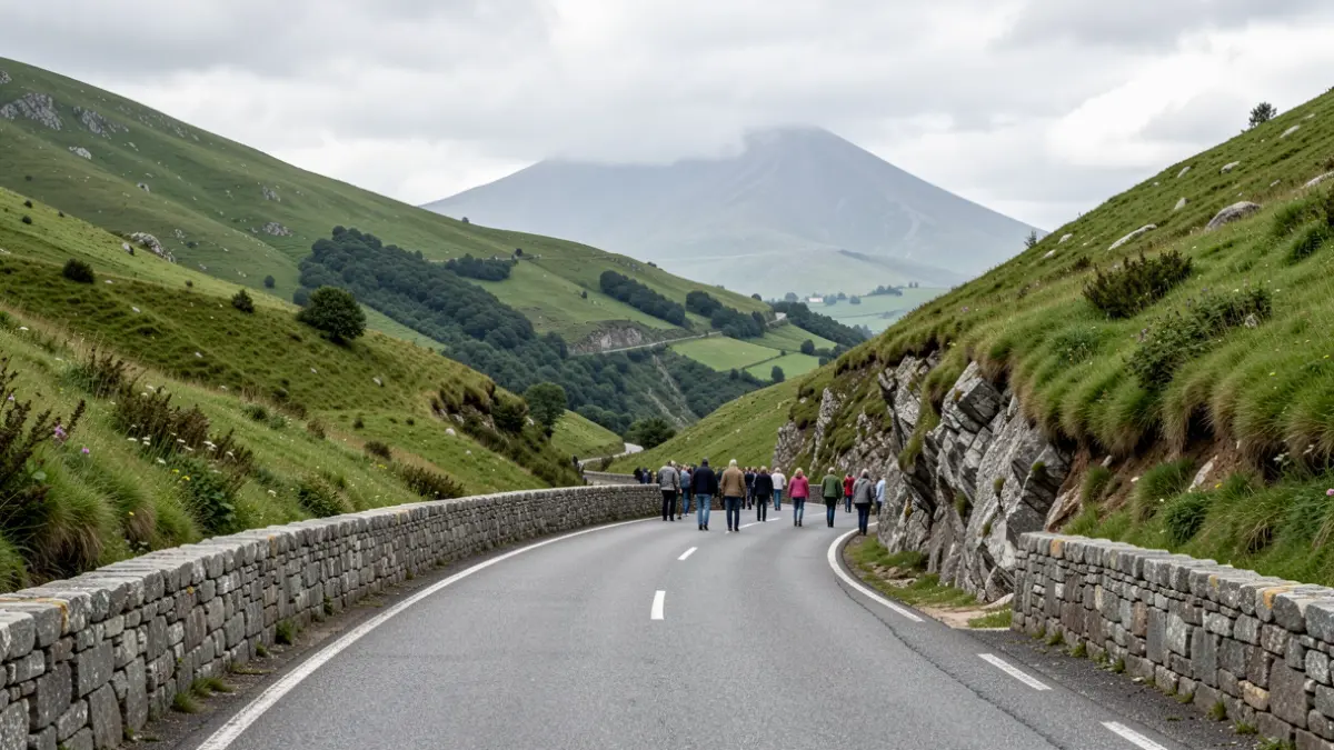 Imagen genérica de una carretera de montaña en Galicia con muros de piedra y colinas verdes.