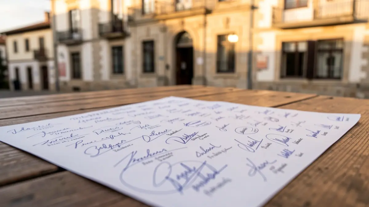 Imaxe dunha petición con moitas sinaturas sobre unha mesa de madeira, cun fondo desenfocado da fachada dun concello galego.