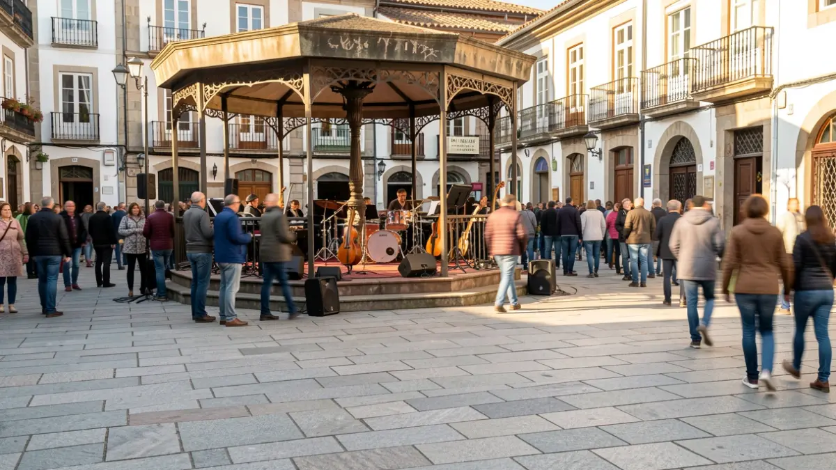 Imagen genérica de una plaza gallega con gente disfrutando de un ambiente festivo.
