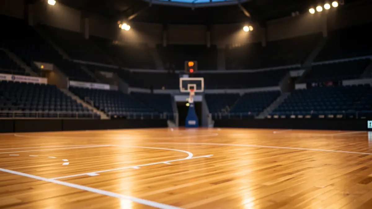 Imaxe xenérica dunha cancha de baloncesto nun pavillón case baleiro ao atardecer.