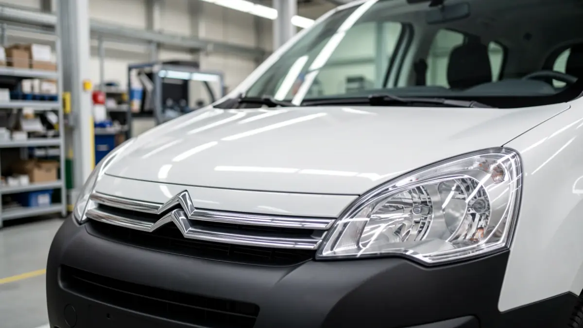Primeira vista dunha furgoneta Citroën Berlingo diante dunha fábrica.
