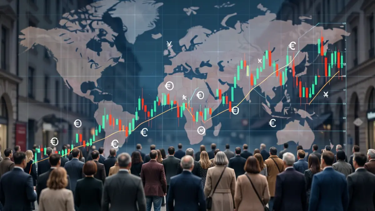 Imaxe xenérica de mercados globais con gráficos fluctuantes e símbolos de moeda.