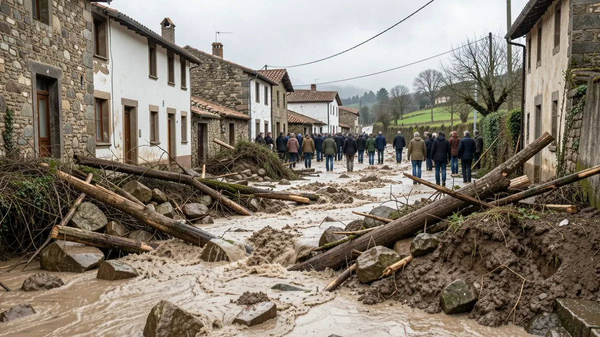Calle de una aldea gallega devastada por la riada con lodo y piedras acumuladas.