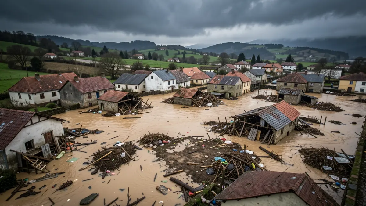 Vista aérea de una aldea gallega tras una grave inundación, con casas parcialmente sumergidas en agua lodosa y escombros esparcidos.