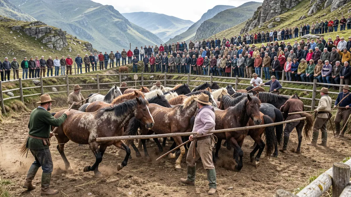 Imaxe dunha tradicional Rapa das Bestas na serra da Capelada, con cabalos salvaxes e xente reunida.