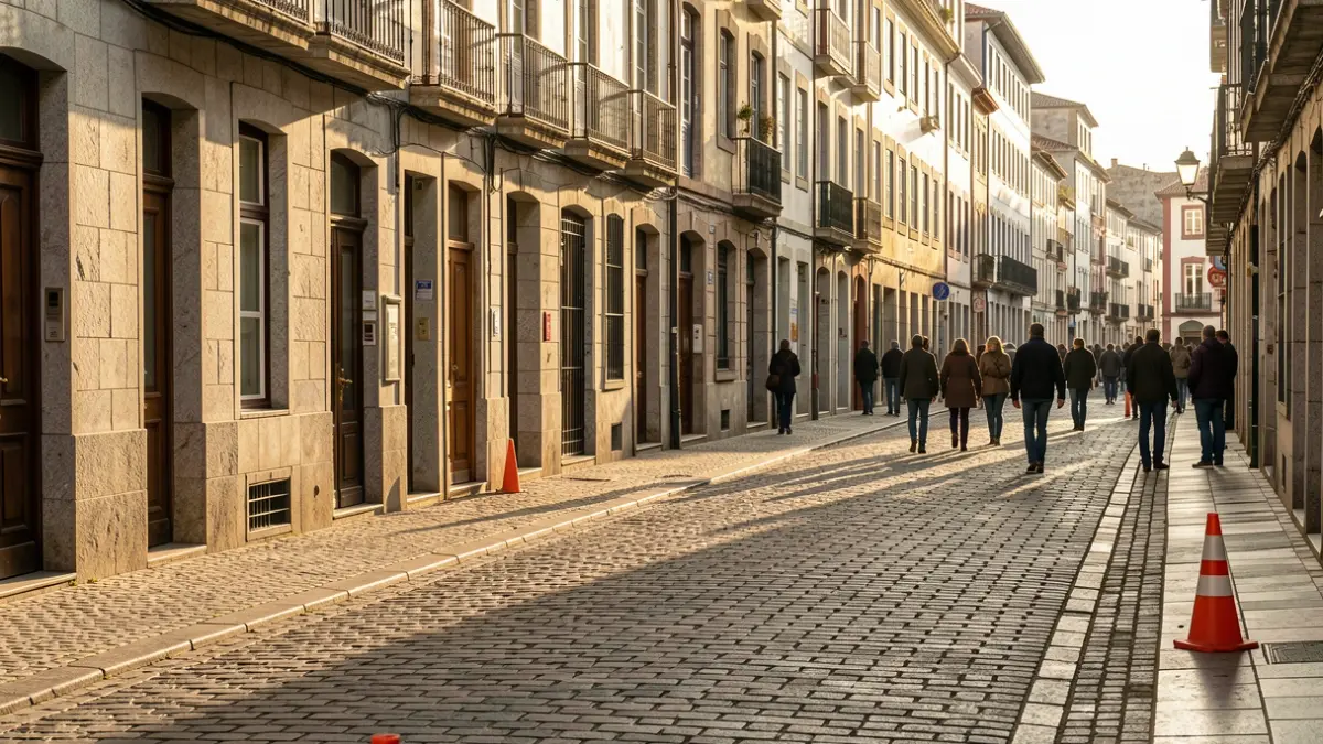 Rúa baleira en Ourense con conos de tráfico e edificios de granito.