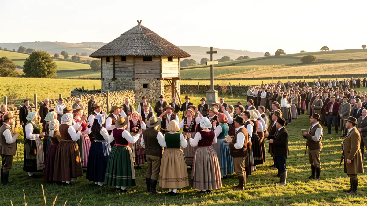 Imaxe xenérica dunha romaría popular galega con xente vestida de traxe tradicional.