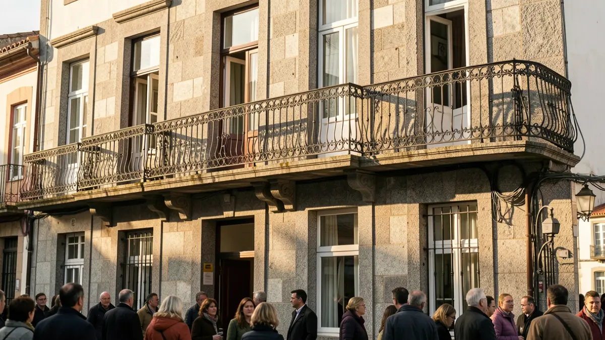Fachada dun edificio de pedra a nivel de rúa.