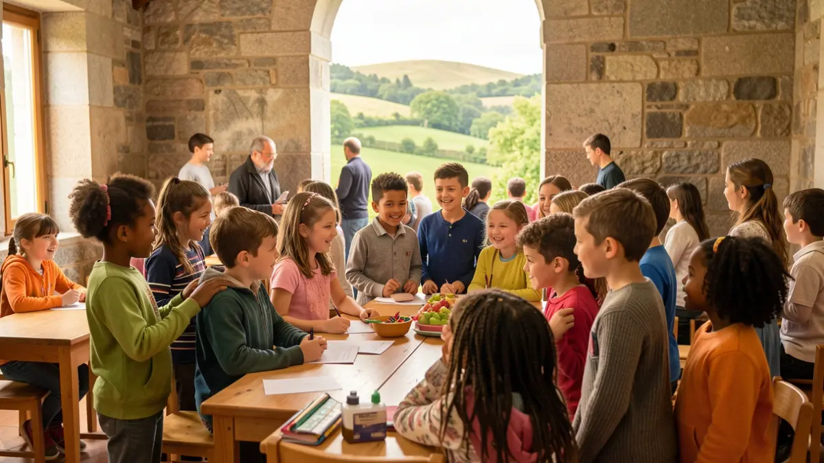 Imagen genérica de niños de diversas etnias interactuando en un aula en Galicia.