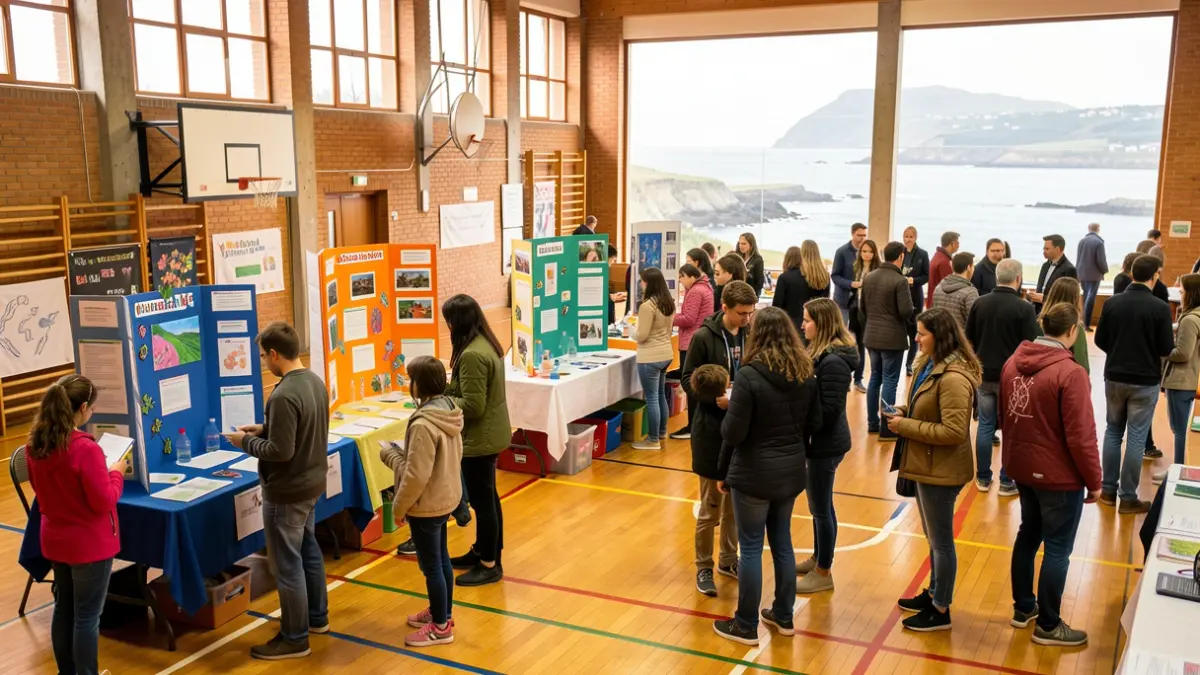 Imaxe xenérica dunha feira de ciencia en Galicia con proxectos de estudantes.