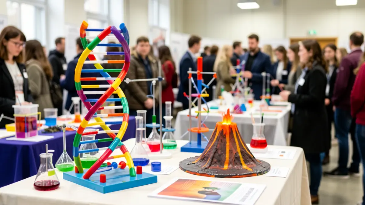 Imagen de una feria de ciencia con proyectos de estudiantes, incluyendo un modelo de ADN y un volcán en erupción.