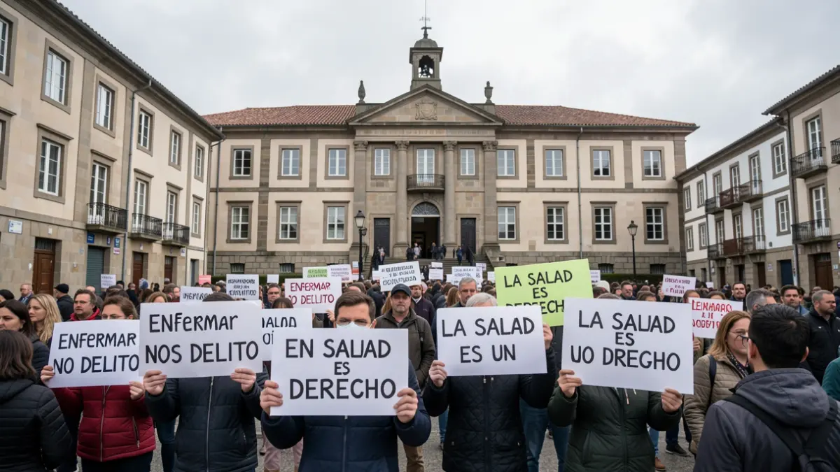 Imaxe xenérica de manifestantes fronte a un edificio oficial en Galicia.