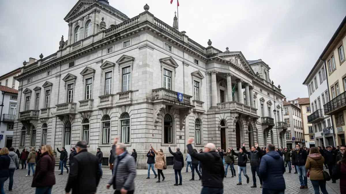 Imaxe xenérica de manifestantes fronte a un edificio da Xunta de Galicia.