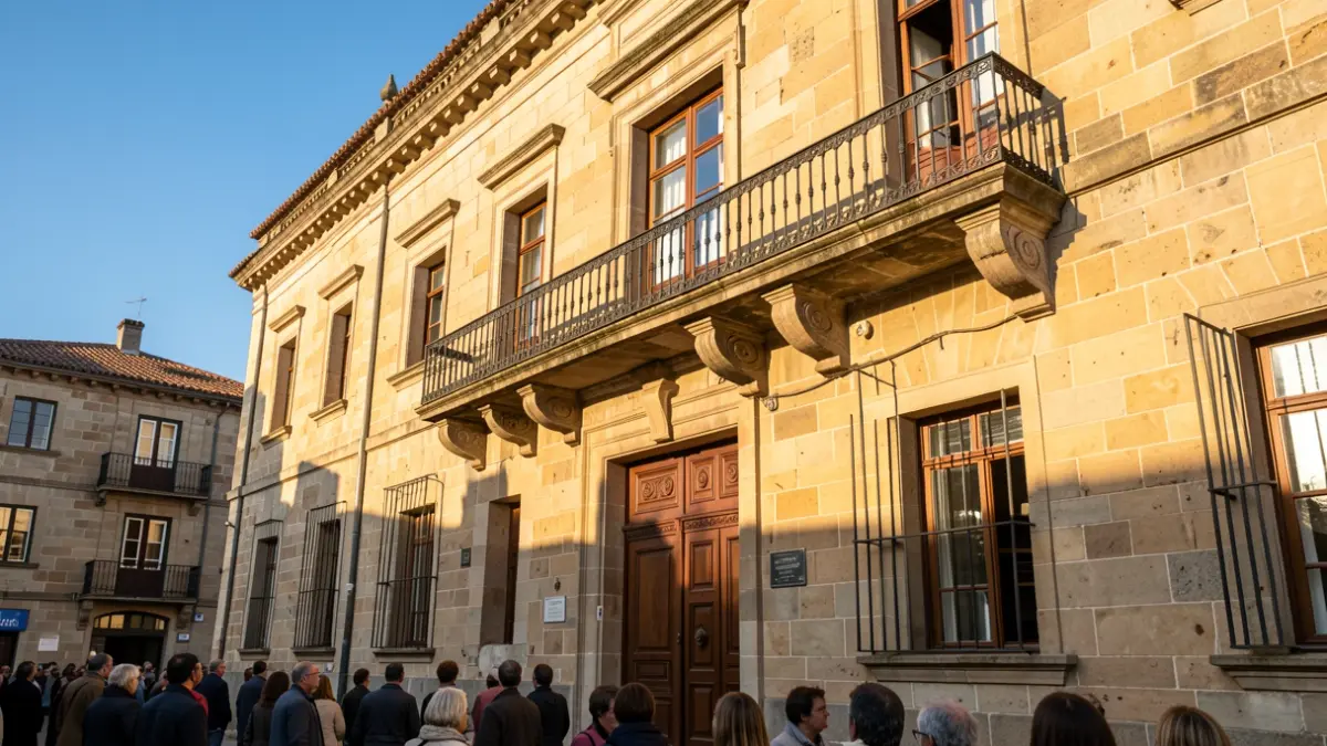 Imagen genérica de una casa consistorial de piedra gallega con balcón ornamentado y barandillas de hierro, bajo la luz del sol de la tarde.