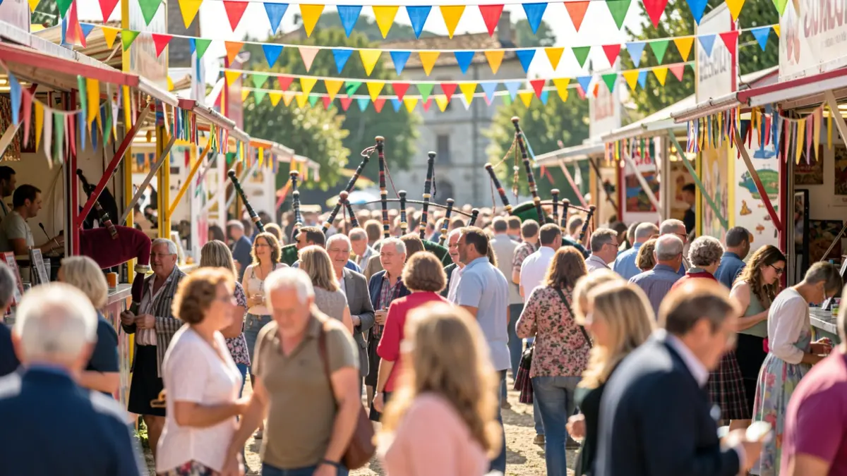 Imaxe xenérica dunha festa popular ao aire libre en Galicia, con xente, música e ambiente festivo.