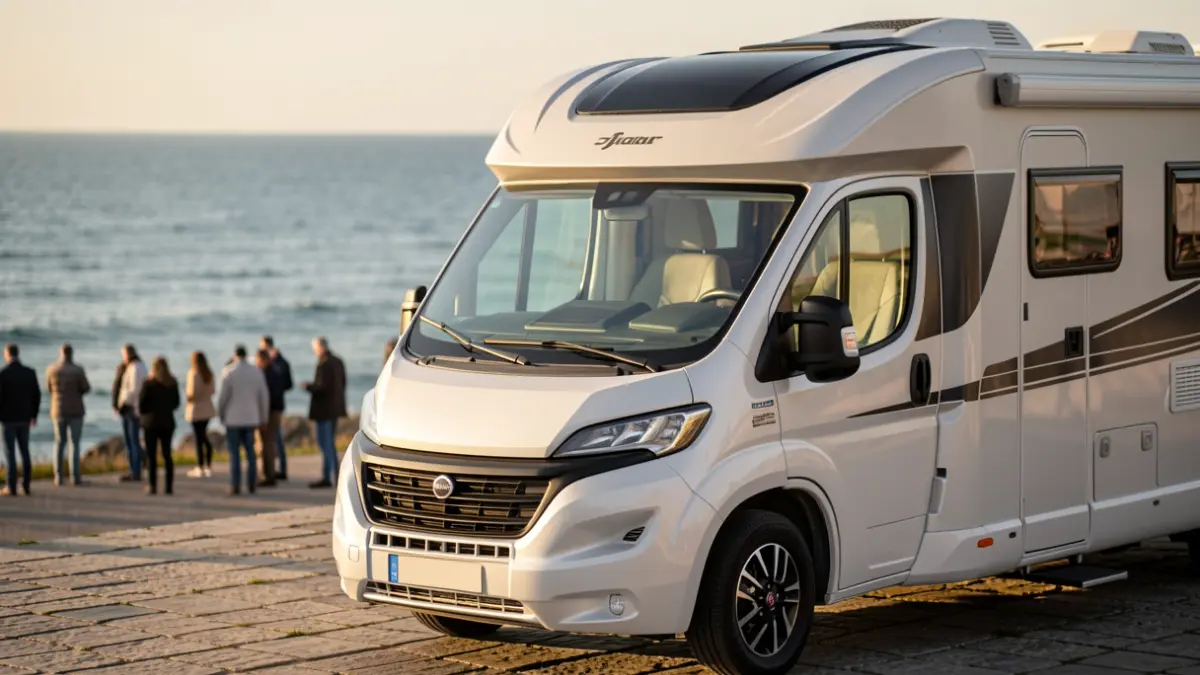 Autocaravanas estacionadas nunha explanada próxima ao mar durante unha xornada de sol.