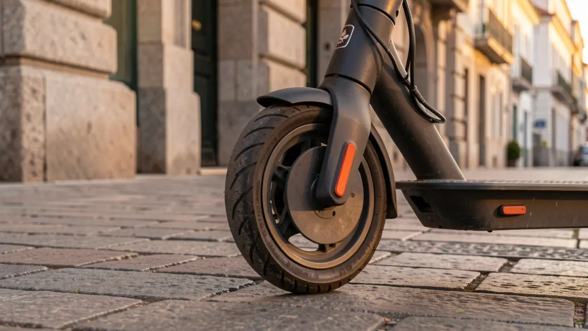 Imaxe xenérica de rodas de patinete eléctrico aparcadas nunha rúa de pedra.