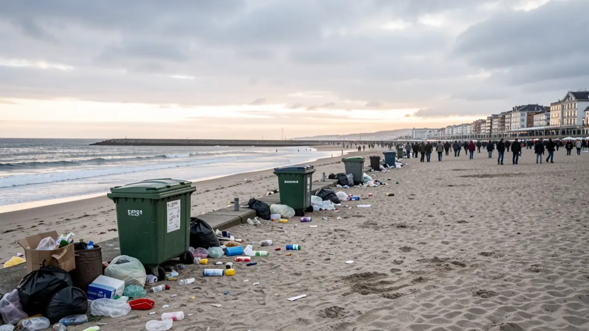 Imaxe xenérica de lixo espallado nunha praia galega despois dunha festa.