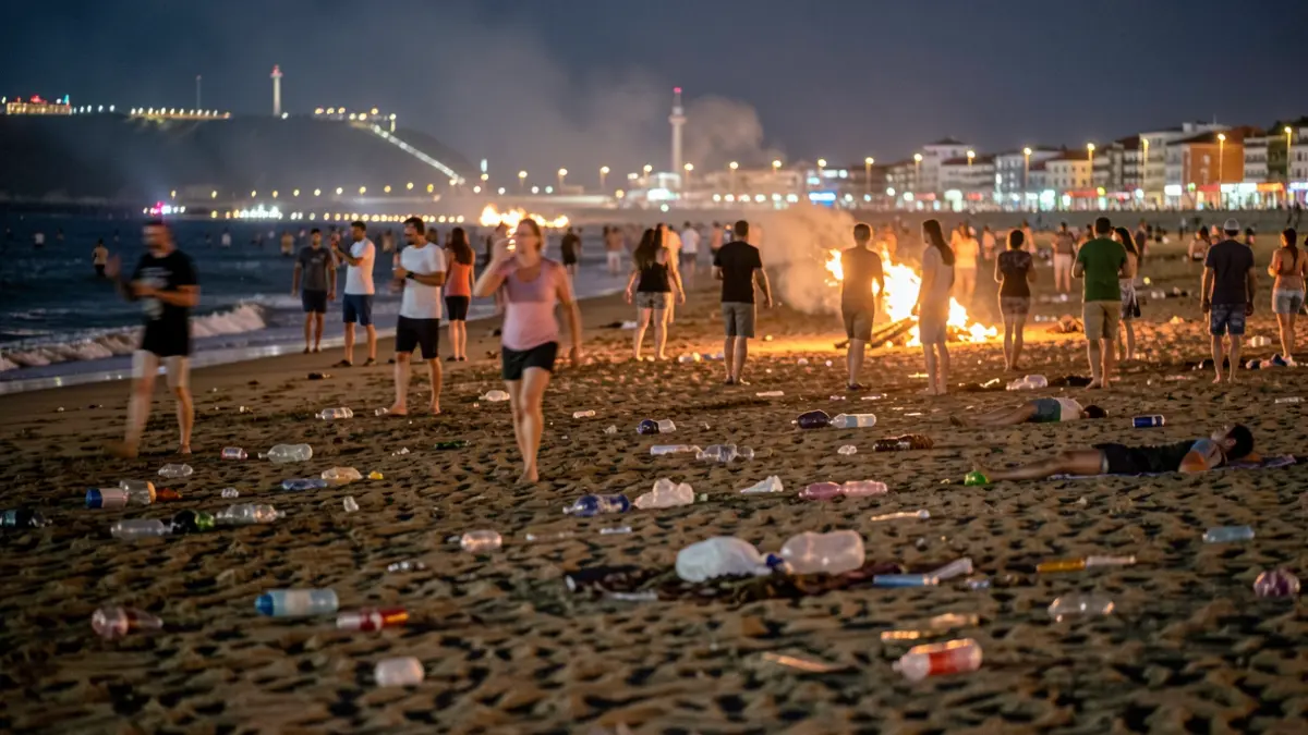 Imaxe xenérica da praia de Riazor na Coruña durante a noite de San Xoán, con luces e ambiente festivo.
