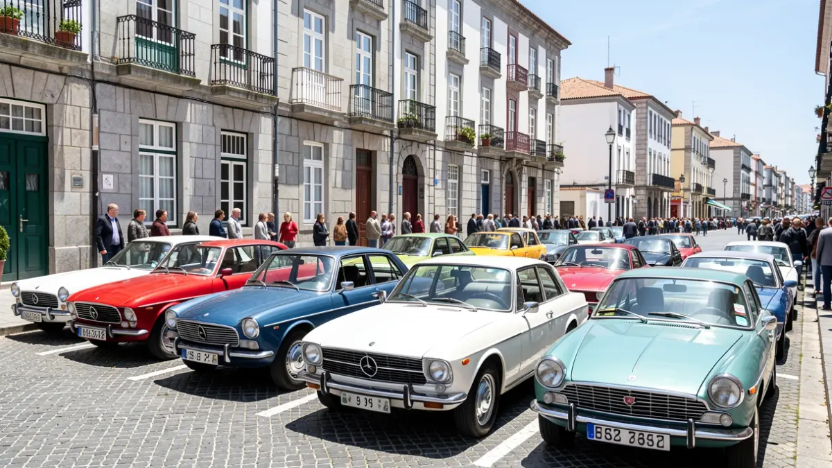 Imaxe dunha concentración de vehículos clásicos e antigos nas rúas da Coruña.