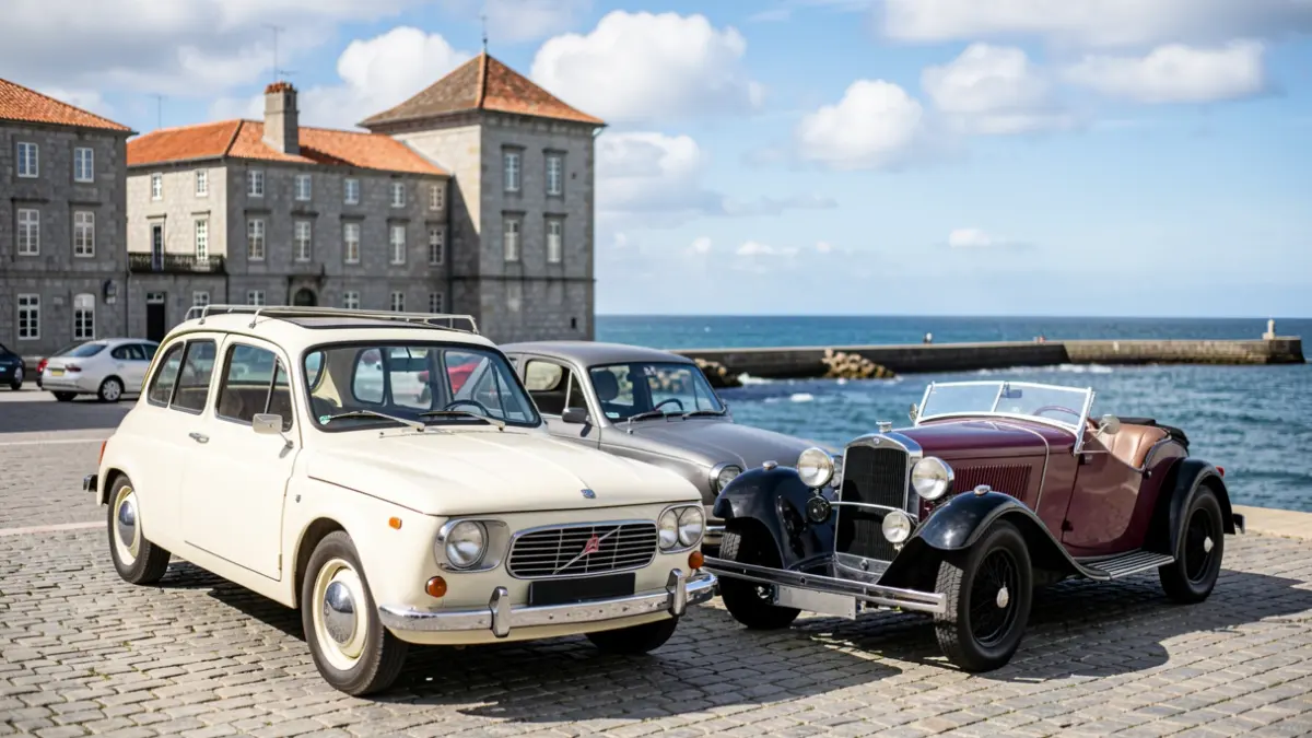 Imaxe xenérica de coches clásicos expostos á beira do mar na Coruña.