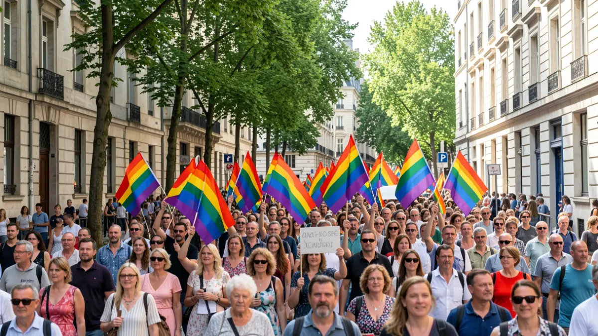 Imaxe xenérica dunha manifestación polo Orgullo LGTBI en Galicia con bandeiras arco da vella e xente diversa.