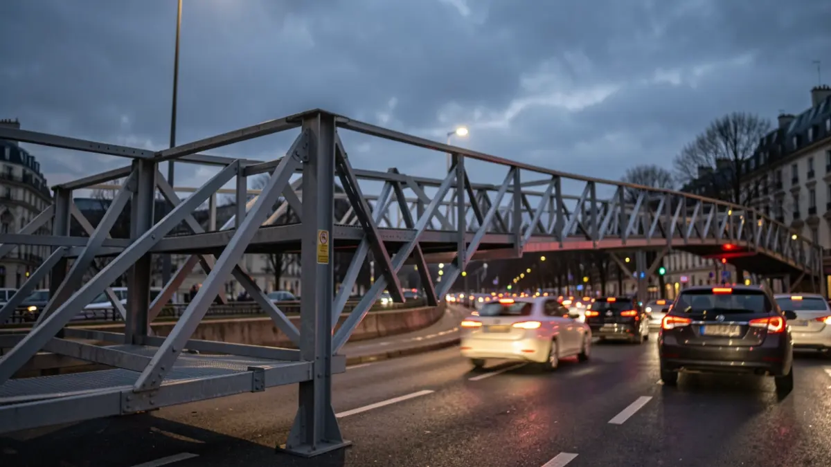 Imagen genérica de cierre de tráfico nocturno por obras de una pasarela sobre una carretera.