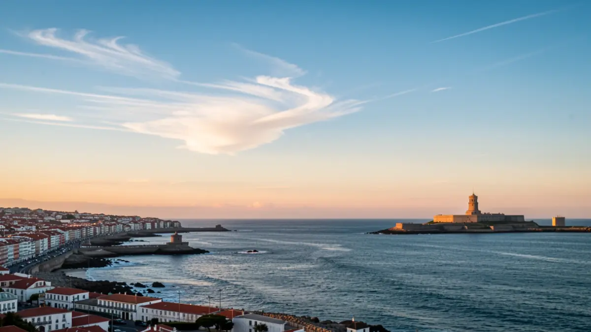 Imaxe panorámica da costa da Coruña ao solpor coa Torre de Hércules á vista.