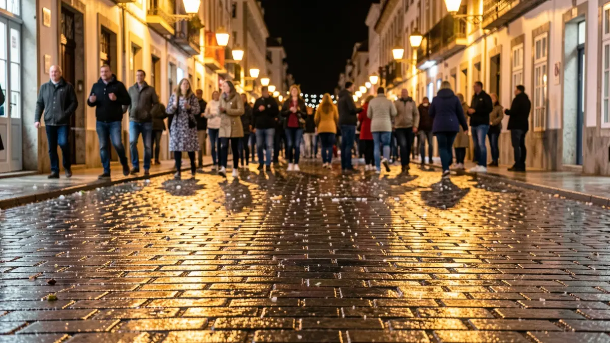Imaxe xenérica dunha rúa da Coruña pola noite durante as festas de San Xoán, con xente celebrando e o pavimento mollado reflectindo as luces.